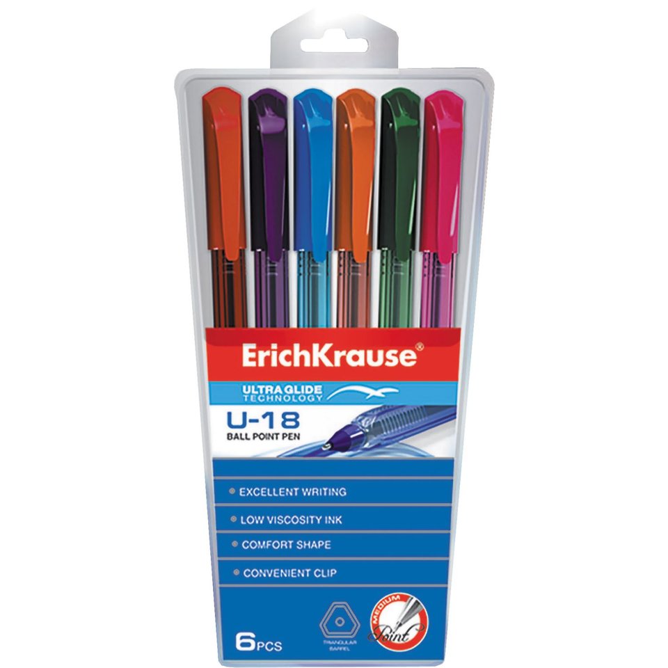 ручки шариковые набор 6 цветов ERICH KRAUSE U-18 ULTRA GLIDE чернила на масляной основе
