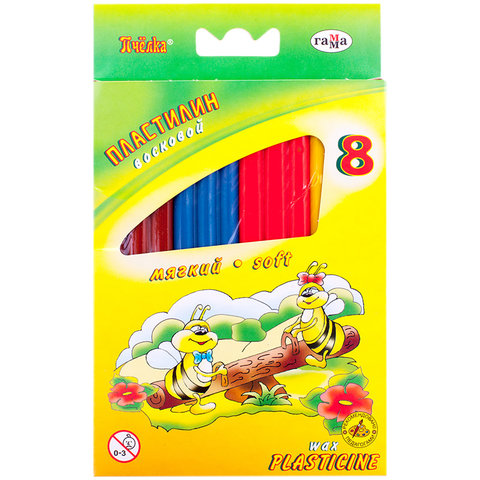 пластилин 8 цветов 98гр. Восковой Пчелка со стеком