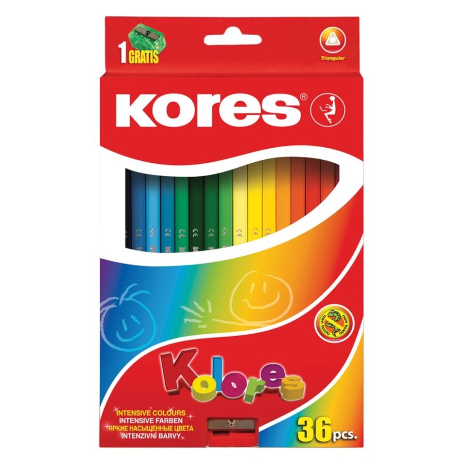 цветные карандаши 36 цветов KORES Трехгранные, точилка