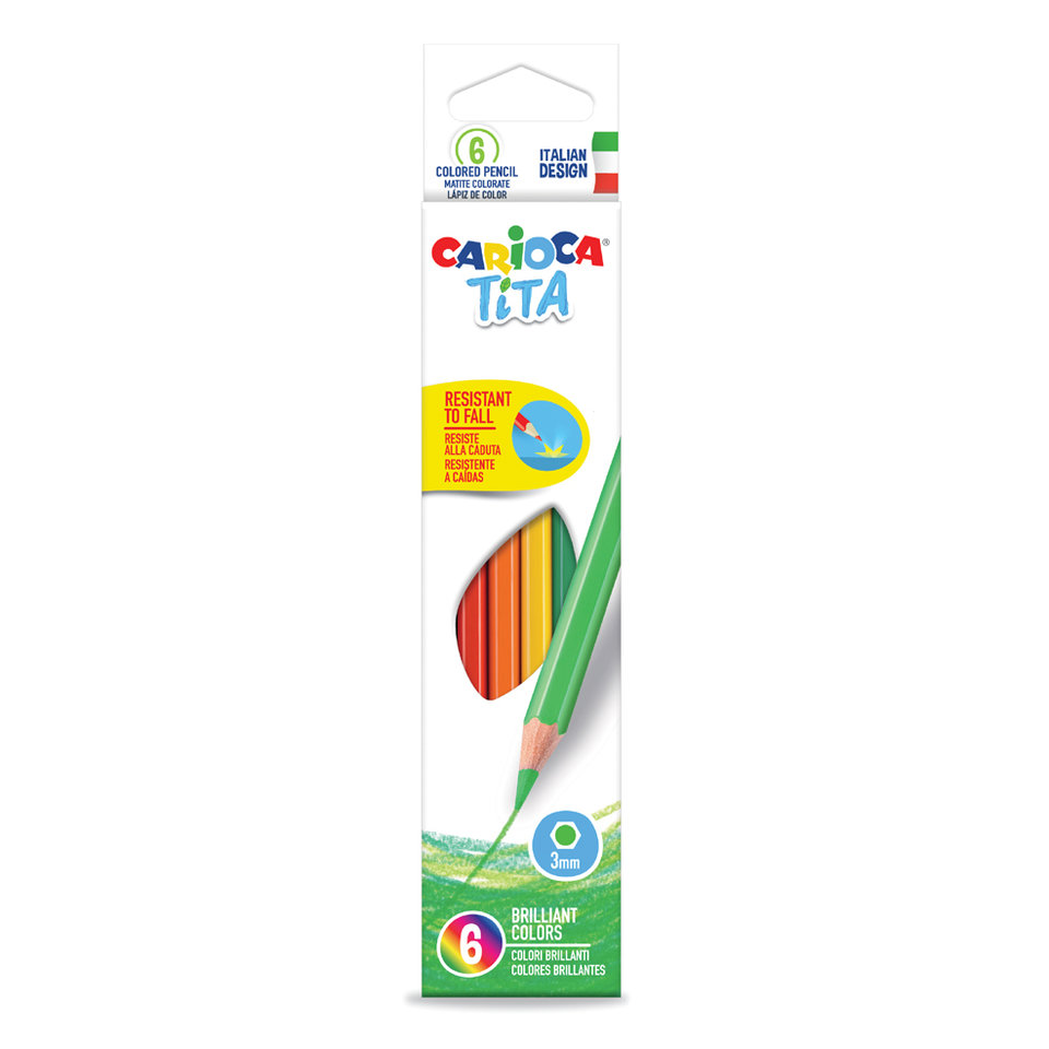 цветные карандаши 6 цветов CARIOCA "TITA" Пластиковый корпус, шестигранные, заточенные Италия
