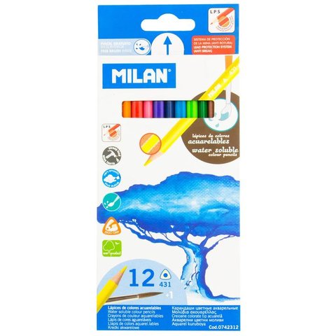 цветные карандаши 12 цветов MILAN "431"Акварельные+кисть трехгранные