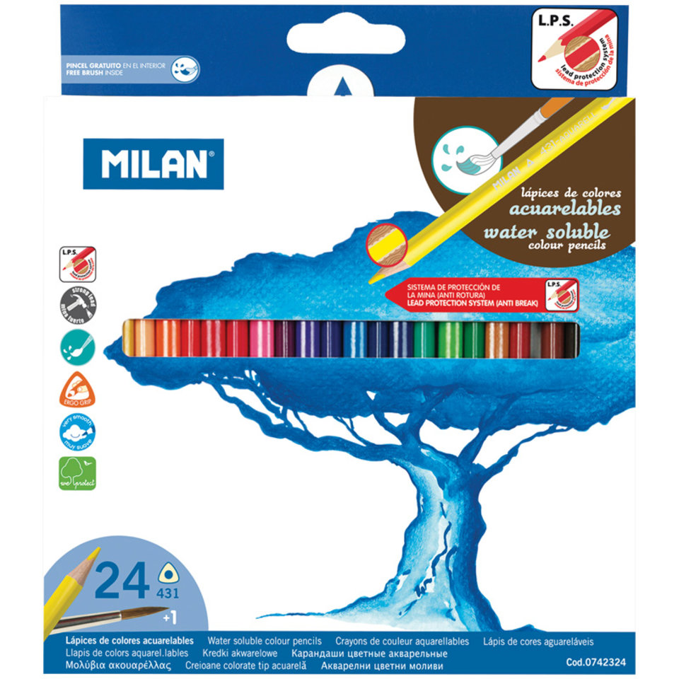 цветные карандаши 24 цвета MILAN "431" Акварельные+кисть трехгранные картонная упаковка