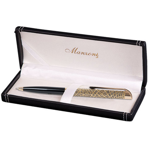 ручка шариковая Manzoni PESARO черная, золотая отделка, подарочный футляр