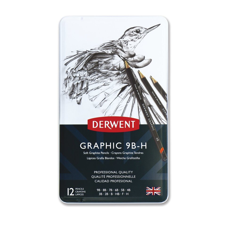 карандаши простые 12 штук набор художествнные 9B-H DERWENT Graphic Soft
