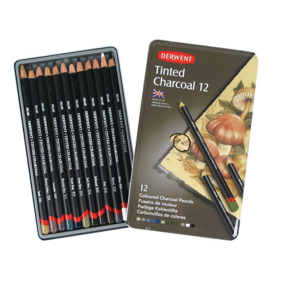 угольные карандаши DERWENT Tinted Charcoal 12 штук набор металлическая упаковка