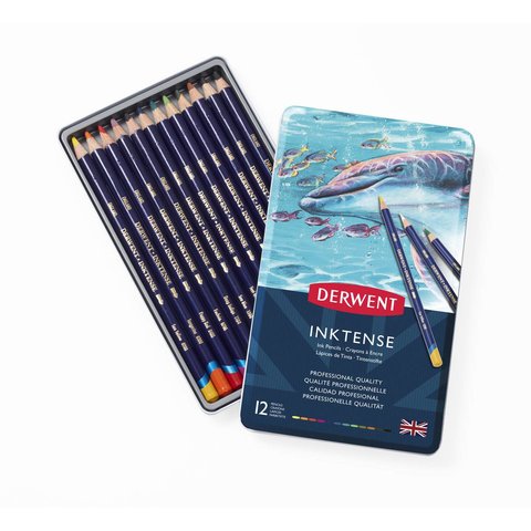 цветные карандаши 12 цветов DERWENT Inktense Акварельные металлическая упаковка