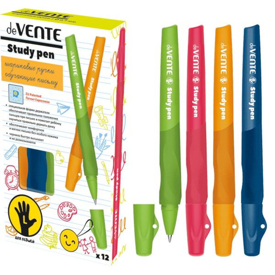 ручка шариковая для Левшей DEVENTE синяя с каучуковым держателем, сменный стержень