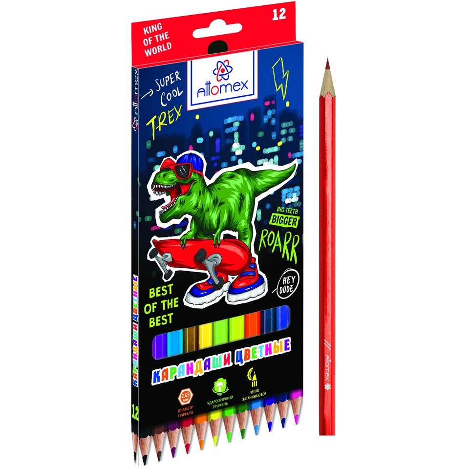 цветные карандаши 12 цветов DEVENTE Attomex City Dino шестигранные 5022205