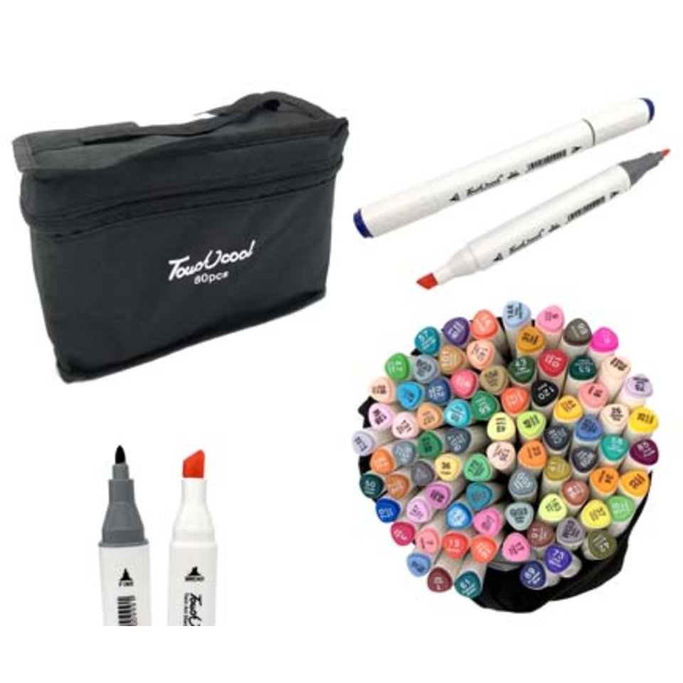 скетч-маркеры набор 80 цветов двухсторонние острый+скошенный наконечники, в текстильной сумке
