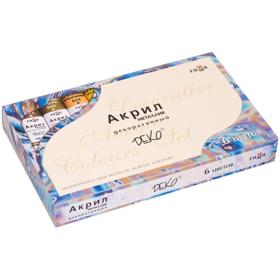 краски акриловые художественные набор 6 цветов ДЕКО МЕТАЛЛИК 18мл туба