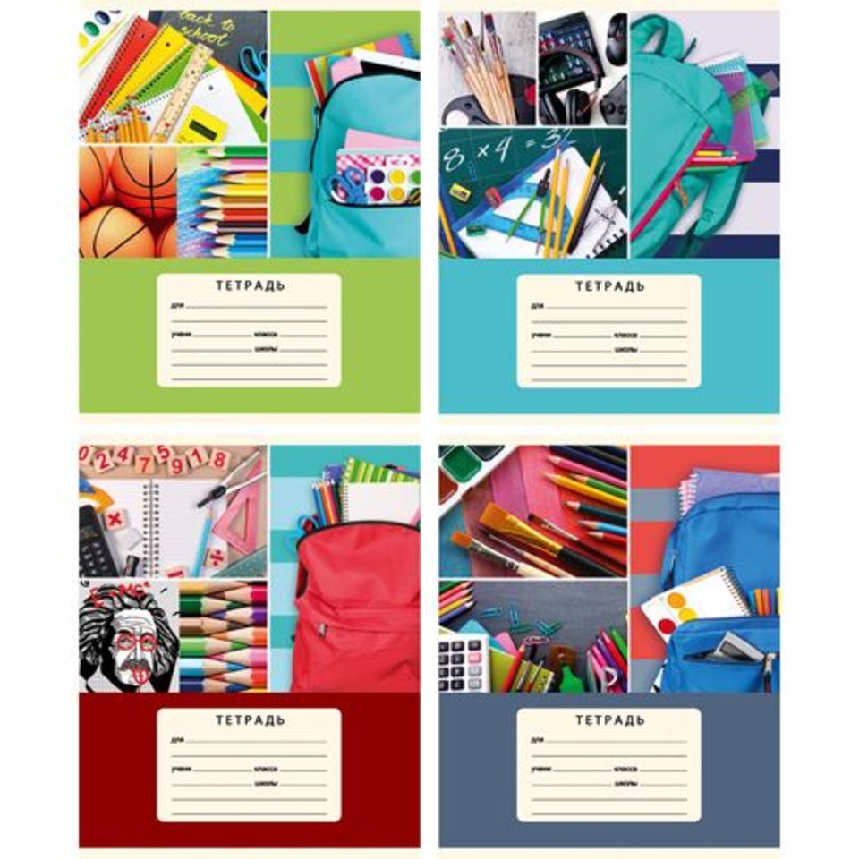 тетрадь 12 листов цветная Школьные занятия 4 дизайна в частую линейку 7019 BG