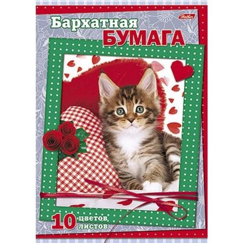 цветная бумага набор А4 10 листов 10 цветов бархатная Пушистый котик 14279(040240)