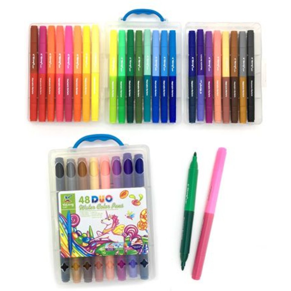 фломастеры набор 48 цветов 24 штуки Yalong "Тукан" Кисть Двусторонние, трехгранные в пластиковом боксе с ручкой