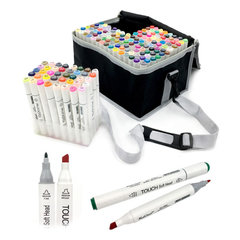 скетч-маркеры набор 168 цветов двухсторонние острый+скошенный теплые оттенки, трехгранный корпус в текстильной сумке
