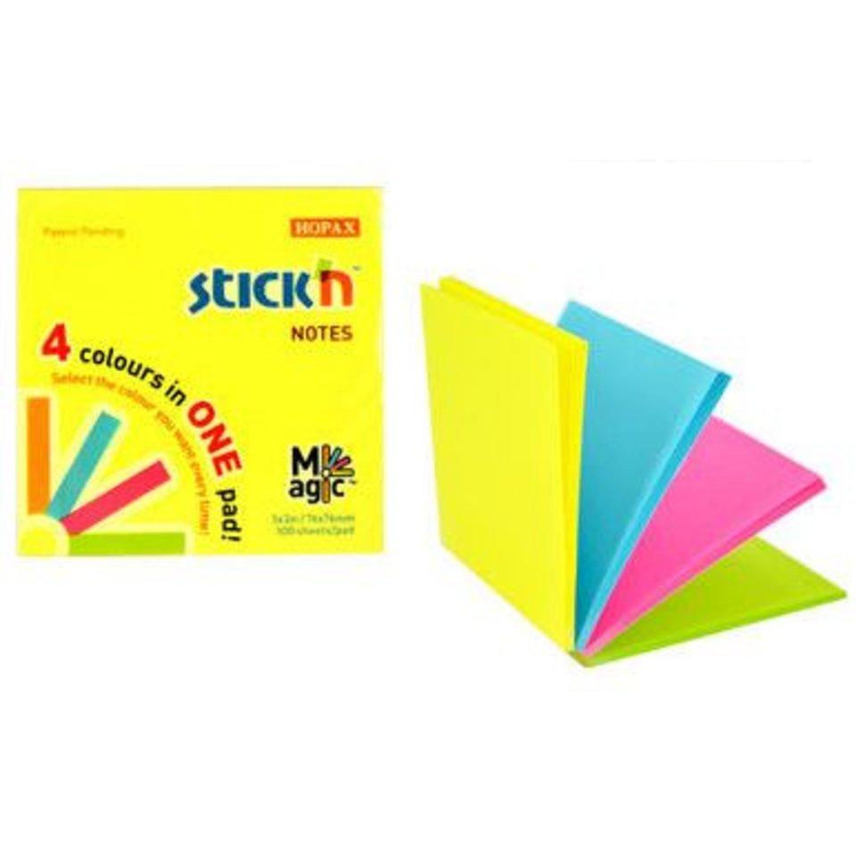 бумага с липким слоем 76х76мм 100л 4 цвета neon Hopax 21571 MagicPads/851066