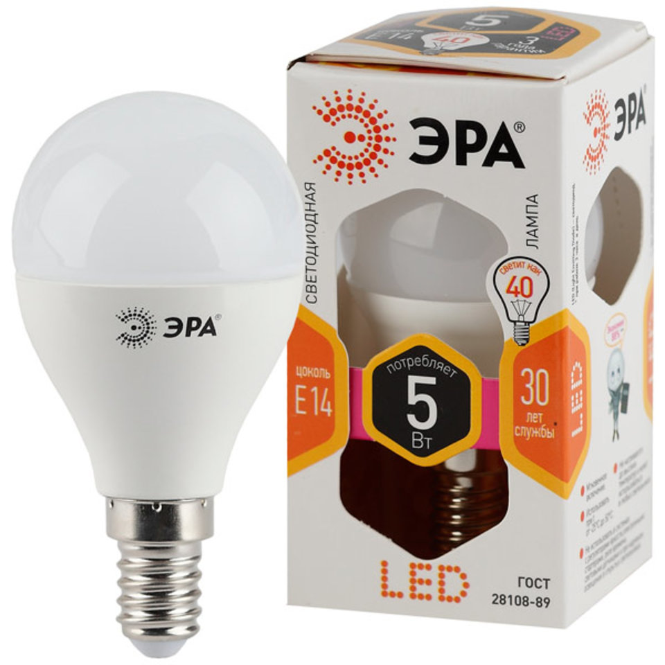 лампа светодиодная 5Вт ЭРА LED smd P45-5w-827-E14 тёплый свет