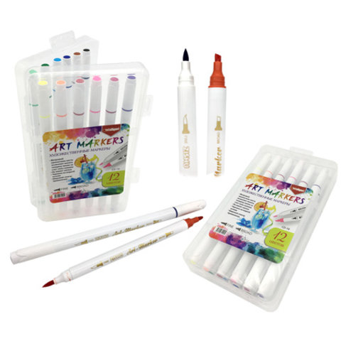 скетч маркеры набор 12 цветов Акварельные 2-х сторонние кисть-скошенный маркер