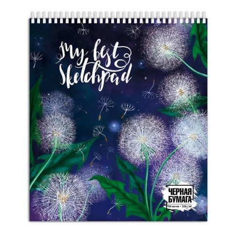 скетчбук 168х195 30 листов Одуванчики 120г/м черная бумага 49132