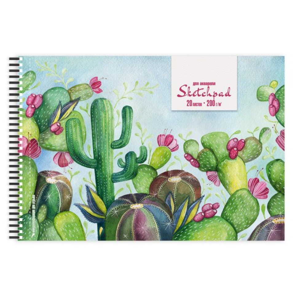 скетчбук А4 20 листов Кактусы 200г/м твердый переплет на гребне 48102