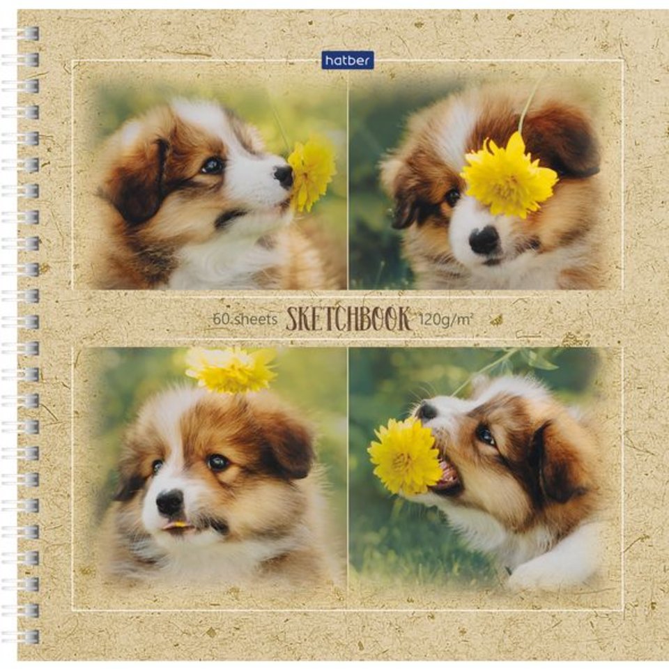 скетчбук А4 60 листов Щенок с цветком 210х210 на гребне 22202(061030)
