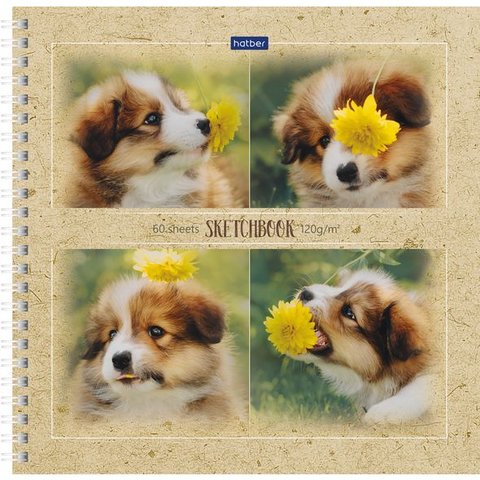скетчбук А4 60 листов Щенок с цветком 210х210 на гребне 22202(061030)