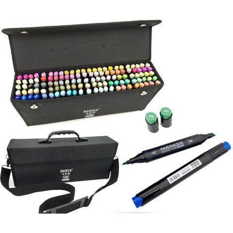 скетч маркеры набор 120 цветов двухсторонние, острый-скошенный наконечник , в тканевом чемодане с ручкой