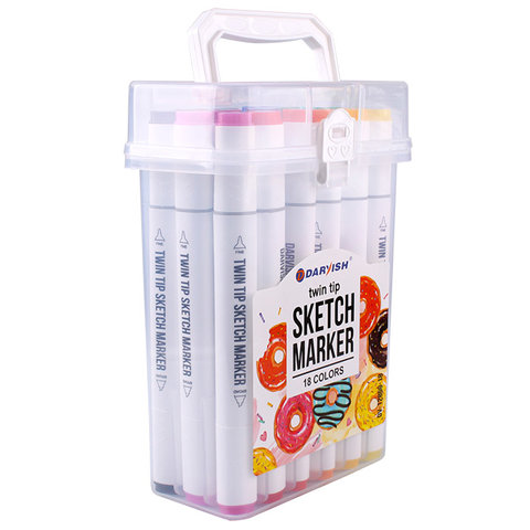 скетч-маркеры набор 18 цветов двухсторонние острый-скошенный наконечник пластиковая коробка с ручкой