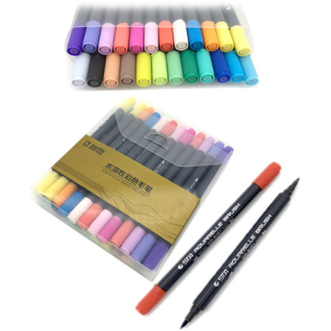 скетч-маркеры набор 24 цвета Акварельые двухсторонние, кисть+пулевидный наконечники