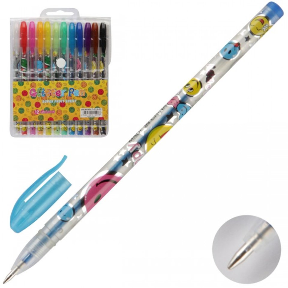 ручки гелевые набор 12 цветов ароматизированные, блестки, корпус с рисунком Smile