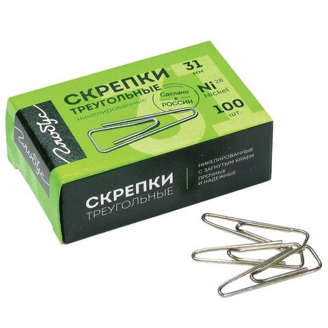 скрепки 31мм 100шт треугольные никелированные картонная упаковка с31-100н/224971