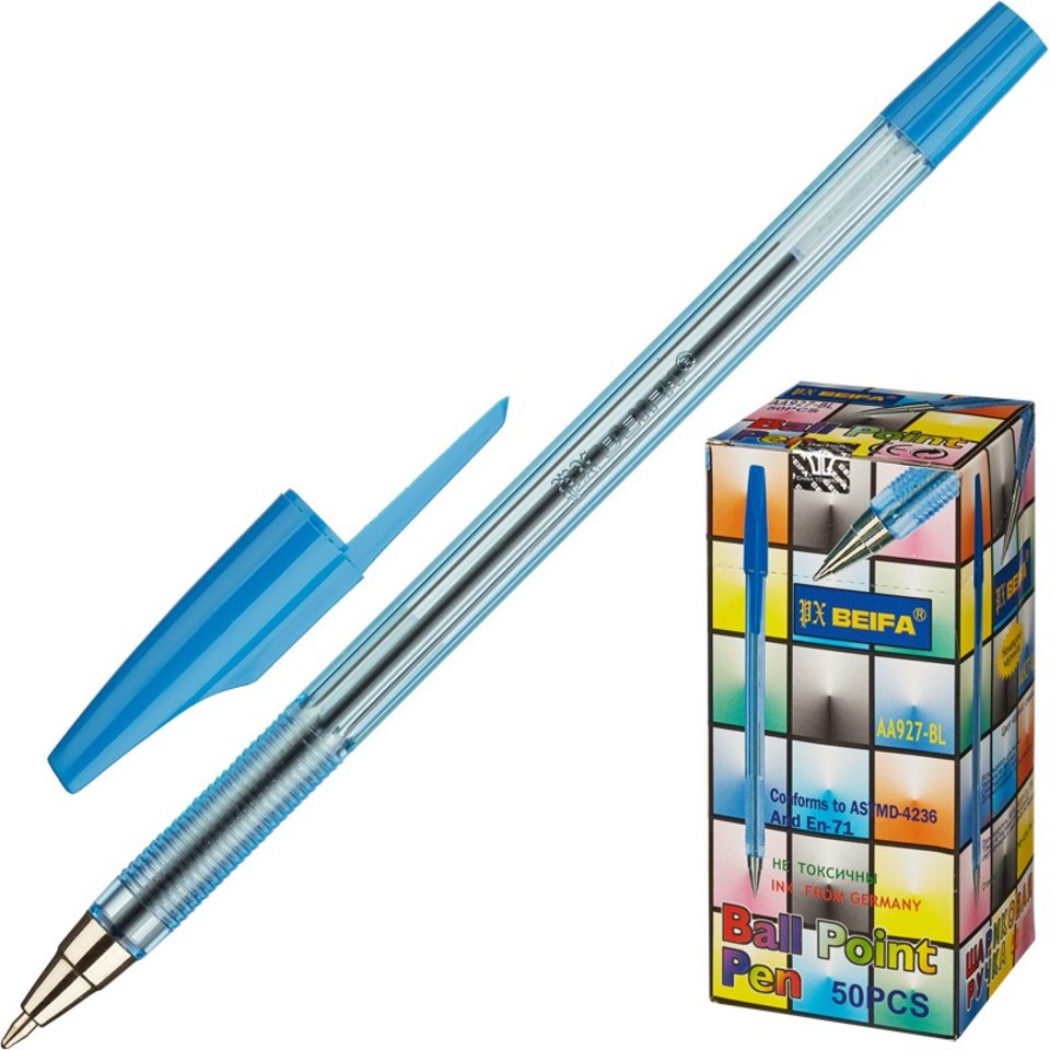 ручка шариковая BEIFA 927 синяя 0.5мм, прозрачный корпус, металлический наконечник