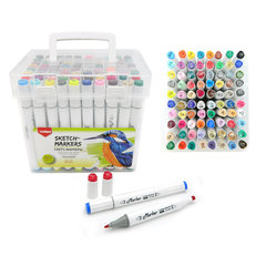 скетч-маркеры набор 80 цветов, Акварель двухсторонние острый-скошенный наконечники, пластиковая коробка с ручкой