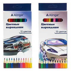 цветные карандаши 12 цветов "Автомобили" Alingar шестигранные, картонная упаковка