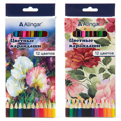 цветные карандаши 12 цветов "Цветы" Alingar шестигранные, картонная упаковка
