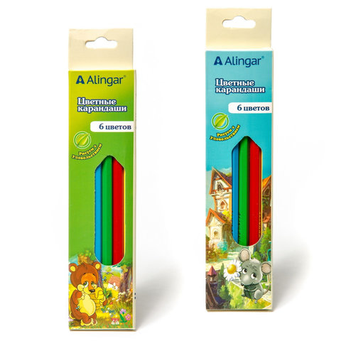 цветные карандаши 6 цветов "Сказочный мир" Alingar шестигранные, картонная упаковка