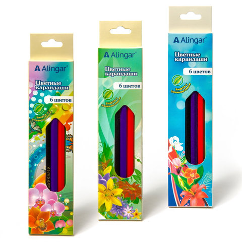 цветные карандаши 6 цветов "Цветы" Alingar шестигранные, картонная упаковка