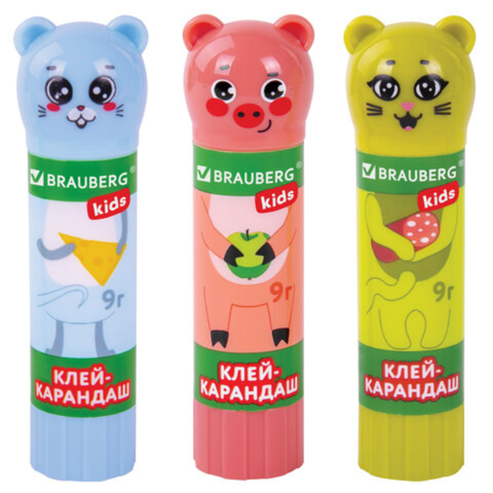 клей-карандаш 9гр. Детский Зверята фигурный колпачок, ассорти