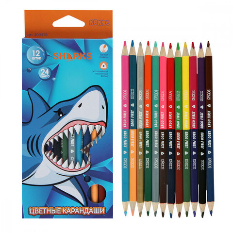 цветные карандаши 24 цвета КОКОС ERGO First Shark трехгранные двусторонние