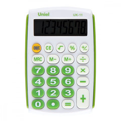калькулятор карманный 8 разрядов Uniel UK-11G питание от батарейки 97*62*11мм зеленый/белый