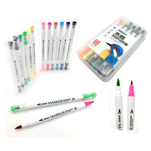 скетч-маркеры набор 12 цветов Акварельные 2-х сторонние, наконечник Кисть-фломастер раскладная пластиковая упаковка