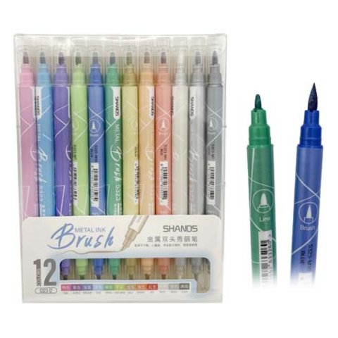 скетч-маркеры набор 12 цветов Акварельные цвет чернил Металлик 2-х сторонние кисть-овальный наконечники блистерная упаковка