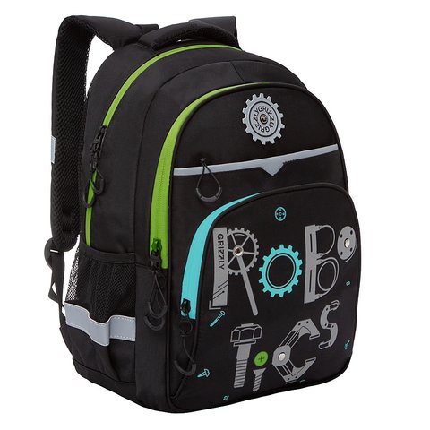 рюкзак для мальчика RB-157-1/2 черный-салатовый Grizzly