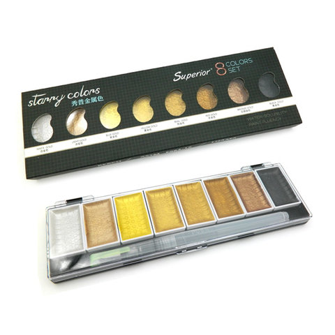 художественная акварель 8 цветов металлик + кисть резервуар для воды cc-2