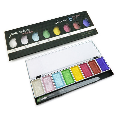 художественная акварель 8 цветов металлик + кисть резервуар для воды cc-3