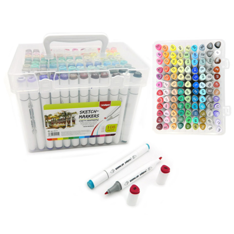 скетч-маркеры 108 цвветов двухсторонние остро-скошенные cd286/ch-71/317906 пластиковое ведерко