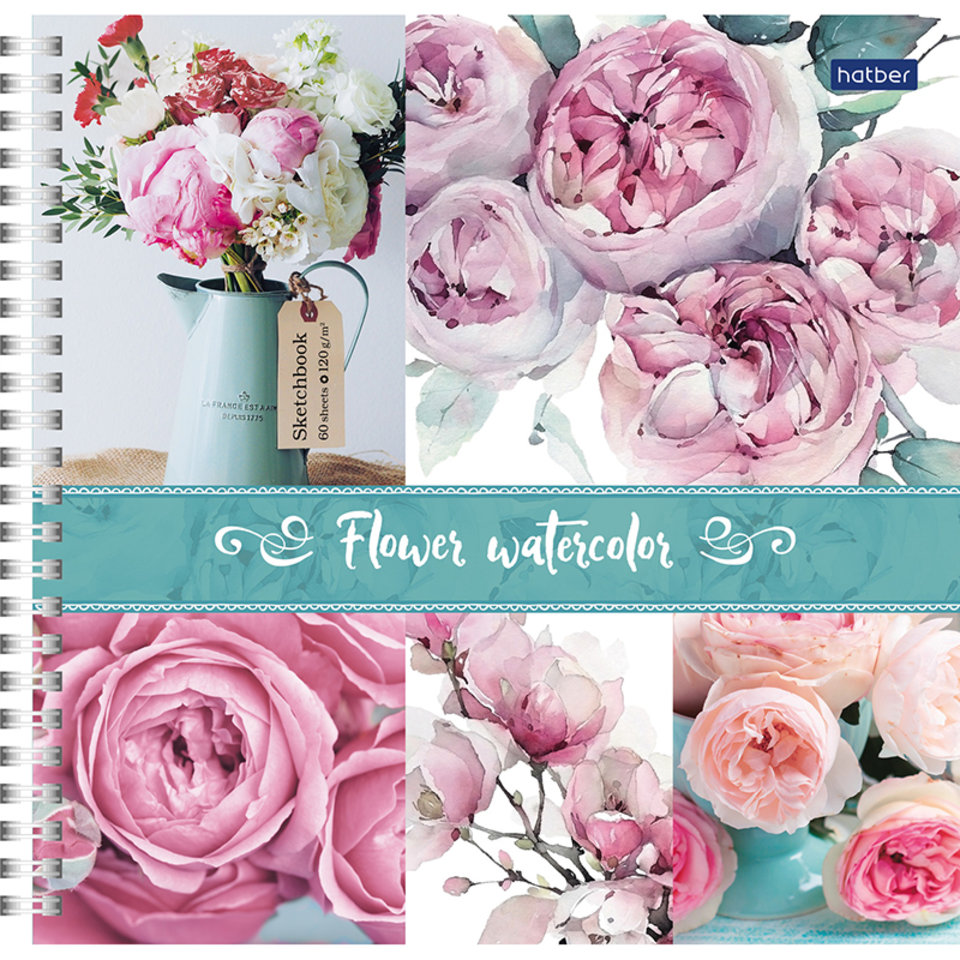скетчбук А5 квадратный 60 листов Цветочная акварель 210х210 на гребне 22204 (061028)