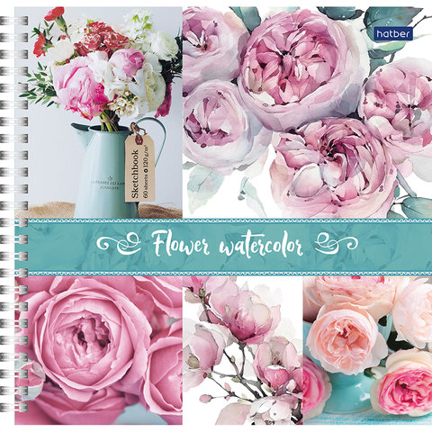скетчбук А5 квадратный 60 листов Цветочная акварель 210х210 на гребне 22204 (061028)