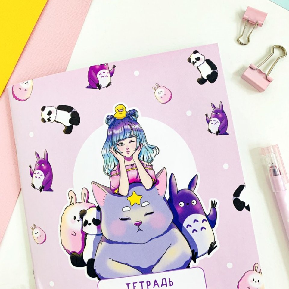 тетрадь 18 листов SWEETCAT Девушка и животные трк-183 в клетку