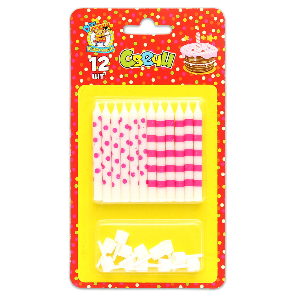свечи для торта Точки и Полосы розовые 12шт с-0457