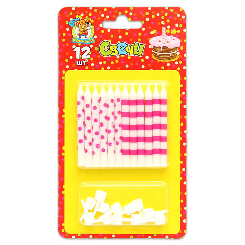 свечи для торта Точки и Полосы розовые 12шт с-0457